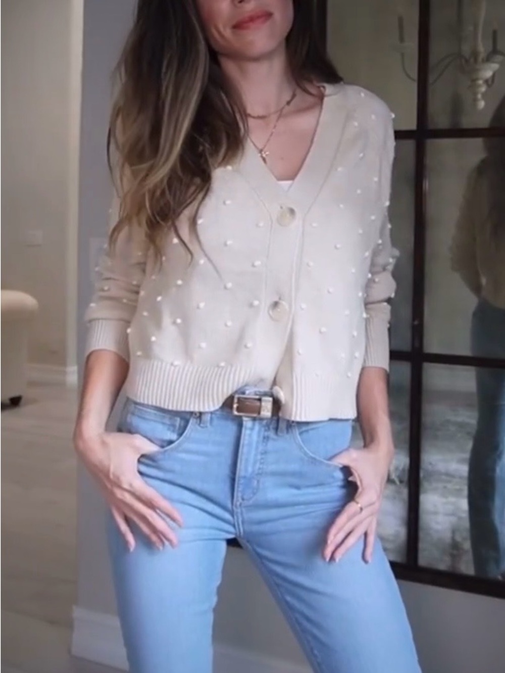 LOFT Cream & White Pom Pom Dot V-Neck Cardigan